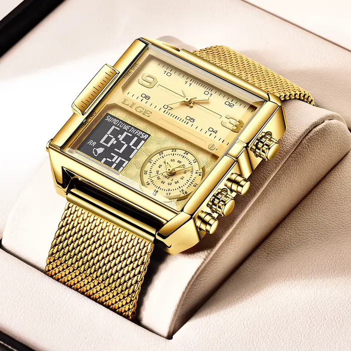 Nouvelle montre LIGE en or pour femmes, montre carrée mode double affichage, résistante à l'eau, pour occasions spéciales et quotidiennes