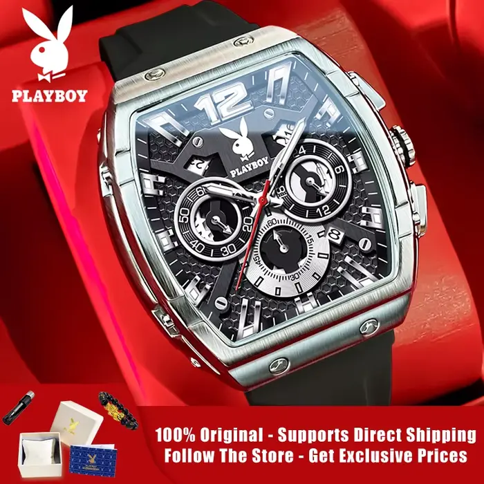 Montre PLAYBOY 3075 en alliage avec bracelet en silicone pour hommes, style mode et décontracté, résistance à l'eau 3 bars, idéale pour les occasions spéciales et cadeaux d'anniversaire