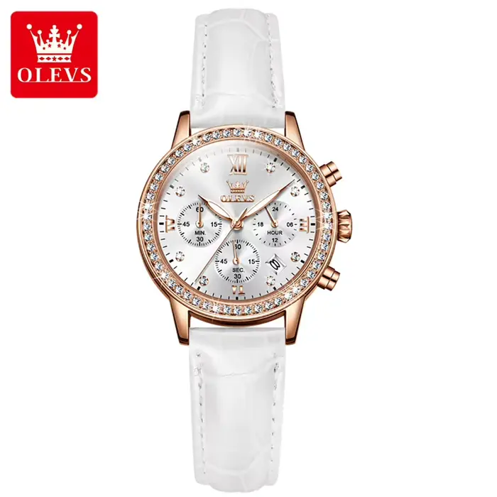 OLEVS mode diamant montres pour femmes marque de luxe boîtier en or Rose dames montre à Quartz bracelet en cuir blanc reloj para mujer