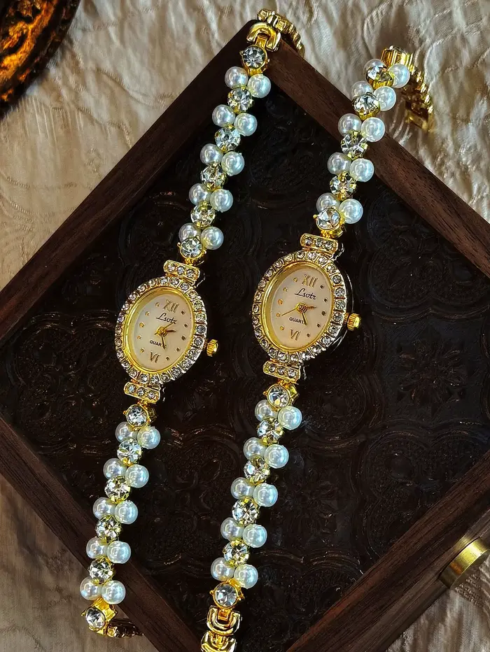 1 Nouvelle montre luxueuse pour femme avec incrustations de perles et de strass, mode vintage élégan