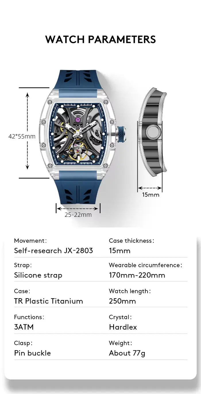 Montre-bracelet mécanique Daniel Gorman 2026 Tonneau automatique pour hommes d'affaires avec cadran ajouré en cristal lumineux cadeau occasionnels spéciaux