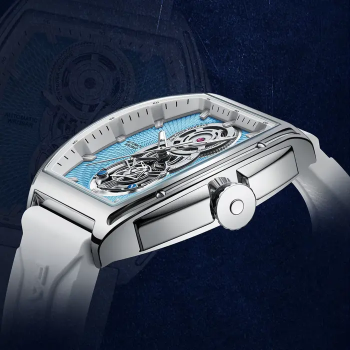 Montre Homme Automatique Mécanique Mark Fairwhale 6029 Tendance Bracelet Caoutchouc Tourbillon Tonneau Montres
