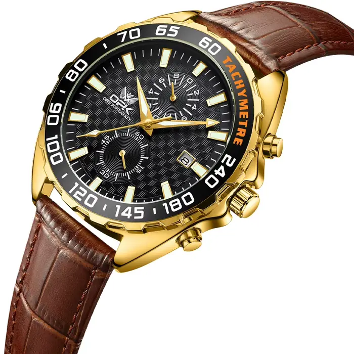 Montre à quartz OPK 8163 avec tachymètre, date automatique et chronographe pour homme, résistante à l'eau, bracelet en cuir, style mode et décontracté