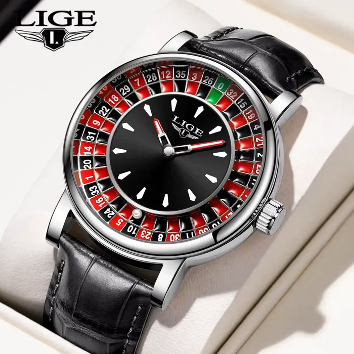 Montre homme LIGE Quartz créative Roulette jeu conception cuir décontracté étanche pour hommes aventuriers occasions spéciales