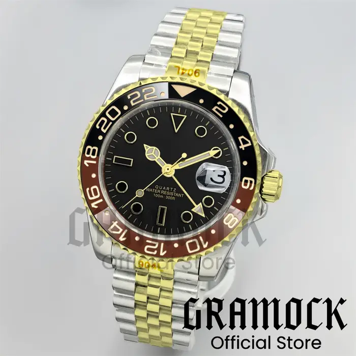 Gramock 40MM GMT montre pour hommes bleu ciel lunette en céramique acier bracelet huître montres