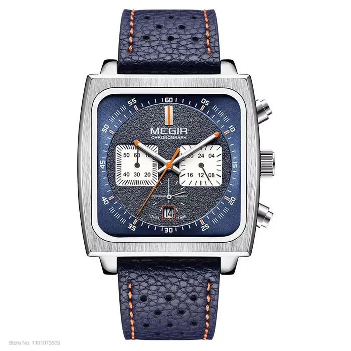 Montre MEGIR à cadran carré bleu pour homme, bracelet en cuir sport décontracté, chronographe à quar