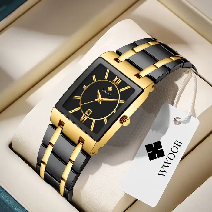 Montre carrée homme en acier inoxydable avec mouvement quartz doré résistante à l'eau pour toutes les occasions