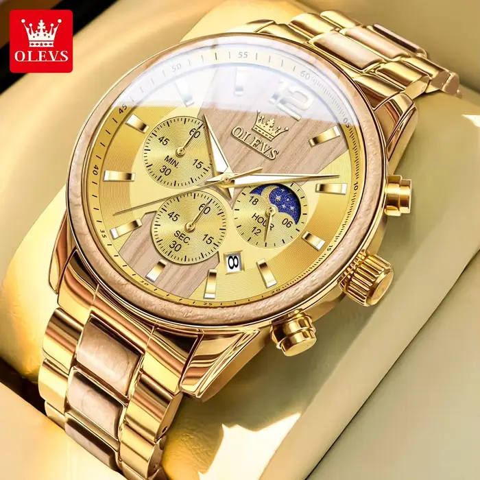 OLEVS 3645 hommes montre en bois de luxe veilleuse multifonctionnelle chronographe hommes Quartz rét