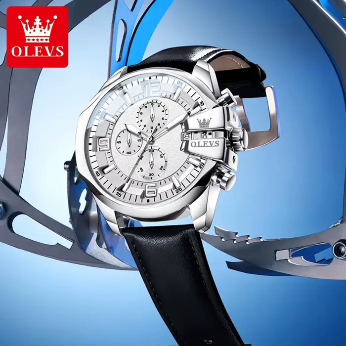 Montre OLEVS 2978 pour homme mouvement quartz cadran chronographe lumineux bracelet cuir fenêtre de calendrier résistance à l'eau 30m occassions spéciales style décontracté et élégant