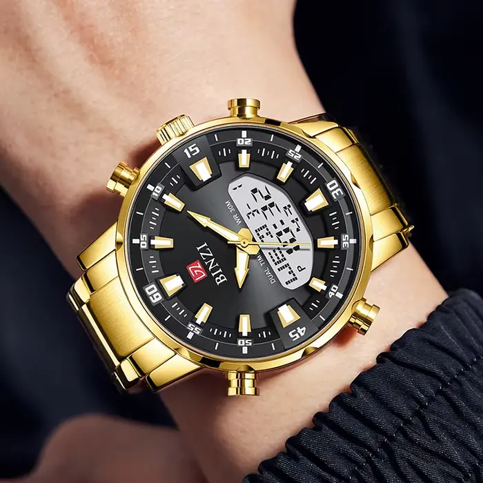 Montres chronographes à quartz dorées pour hommes, montre-bracelet de sport étanche, horloge de luxe
