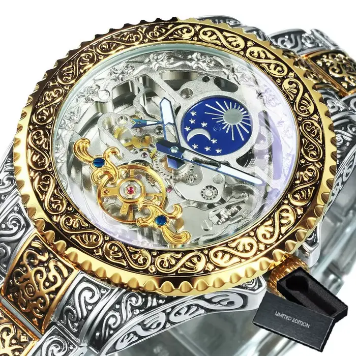 WINNER luxe Phase de lune Tourbillon squelette montres mécaniques or gravé automatique hommes montre