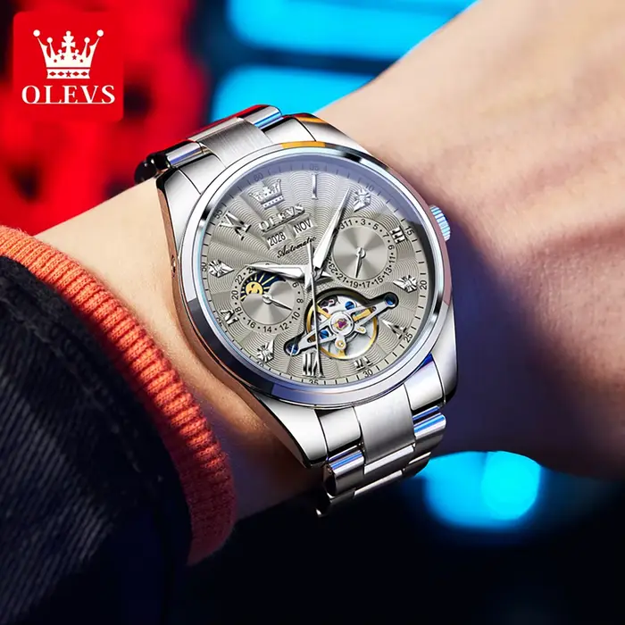OLEVS 7028 montre mécanique automatique pour hommes cadran Tourbillon multifonctionnel Date étanche