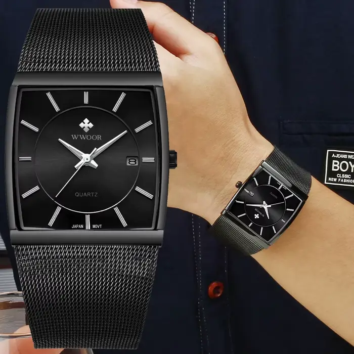 WWOOR 2025 nouvelle marque de luxe hommes montre décontractée carré noir maille acier Quartz sport étanche montres Relogio Masculino