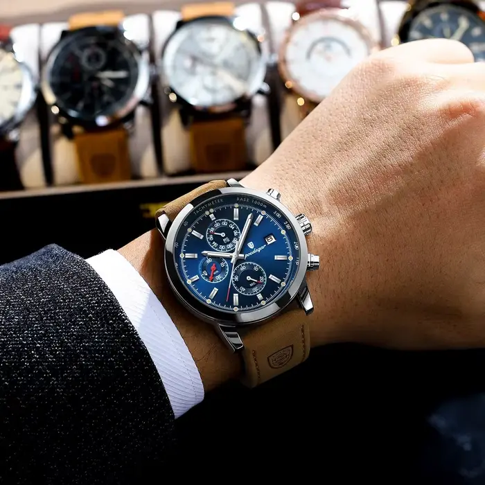 POEDAGAR Original mode homme montre Date chronographe en cuir étanche lumineux hommes