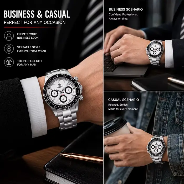 Montre à Quartz Watchdives WD16500 V2 Chronographe Sportive avec Bezel Céramique Luminescente et Résistance à l'Eau pour Homme Occasions Spéciales