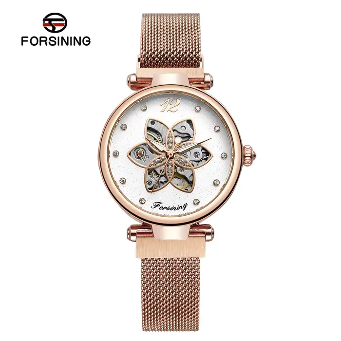 Montre mécanique automatique FORSINING pour femme, cadran squelette floral bleu or rose, mode fémini