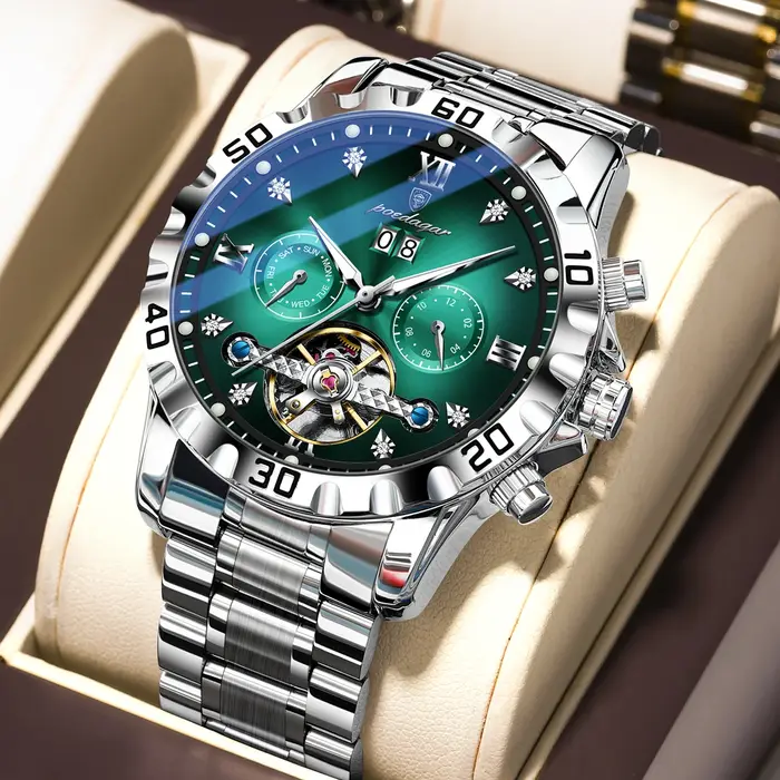 POEDAGAR haut de gamme hommes montre automatique Date semaine homme montre-bracelet creux Tourbillon mécanique en acier