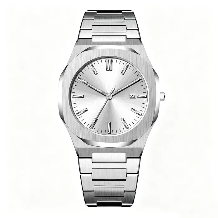 Montre pour homme avec cadran vert soleil, bracelet en acier inoxydable argenté, montre-bracelet à q