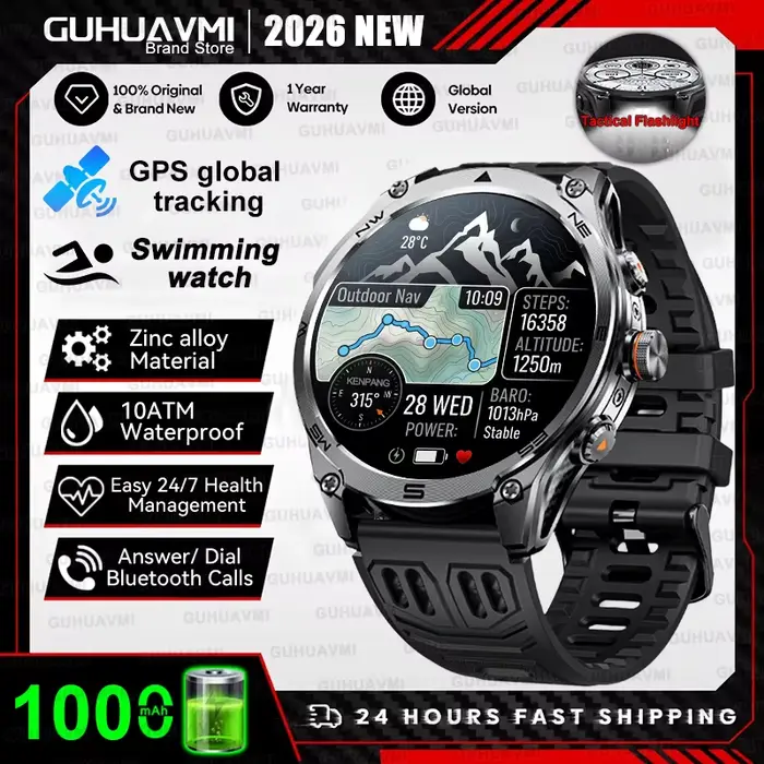 Montre connectée GPS avec carte intégrée de qualité militaire, étanche 10ATM, 1000mAh, écran AMOLED 