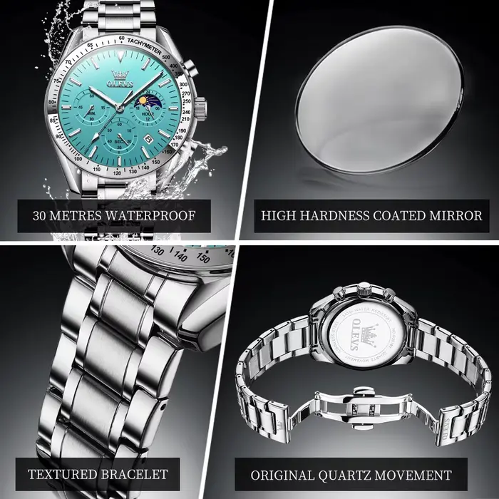 Montre Homme OLEVS 3618 Luxe en Acier Inoxydable Étanche Lumineuse avec Phase de Lune 24 Heures et Chronographe à Quartz – Nouvelle Collection