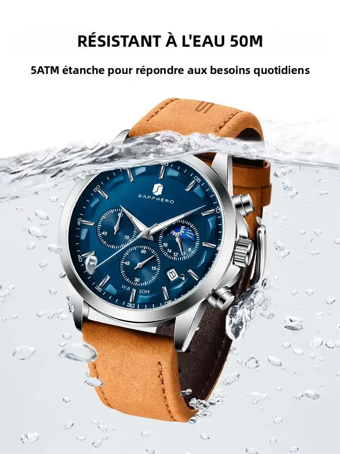 Montre homme Sapphero Sapphire Clock élégante résistante à l'eau bracelet cuir pour affaires voyage polyvalente