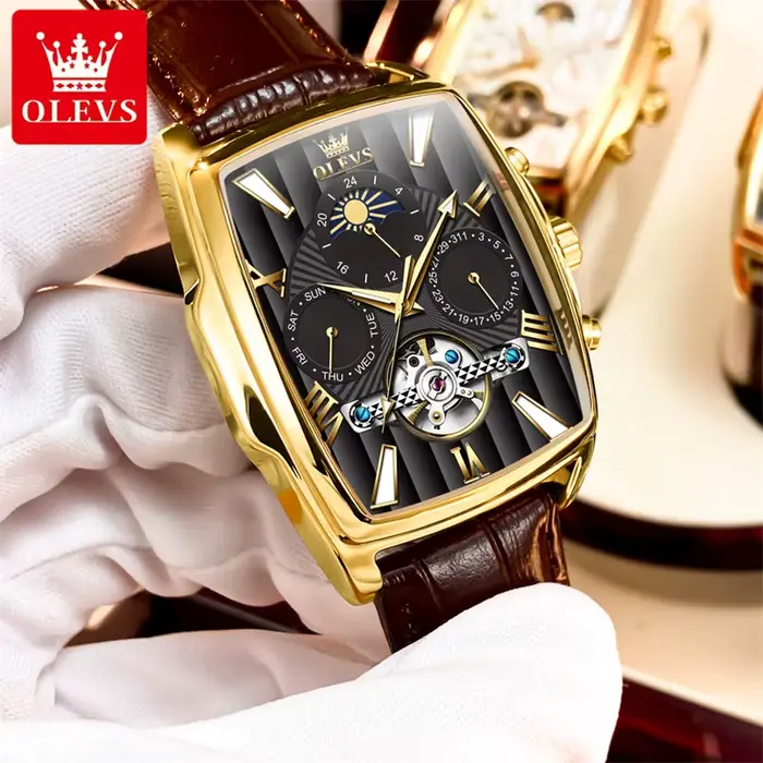 OLEVS luxe cadran rectangulaire montres mécaniques étanche en cuir automatique montre lumineuse hommes d'affaires relogios masculino
