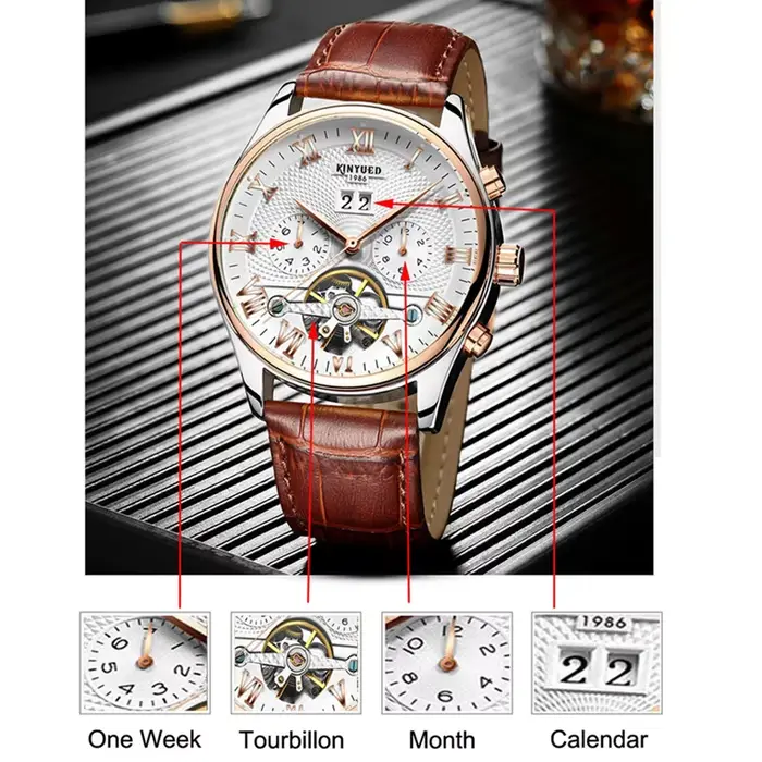 KINYUED Tourbillon hommes montres mode affaires automatique montre mécanique