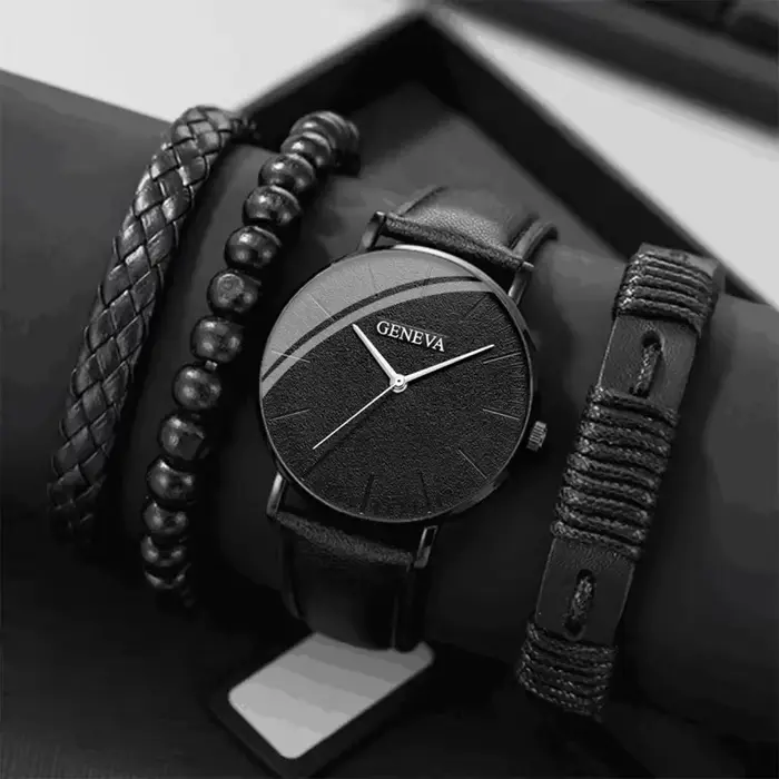 Ensemble montre-bracelet à quartz et bracelet de perles pour hommes