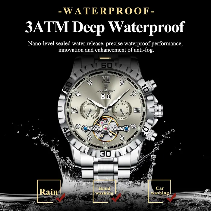 POEDAGAR haut de gamme hommes montre automatique Date semaine homme montre-bracelet creux Tourbillon mécanique en acier