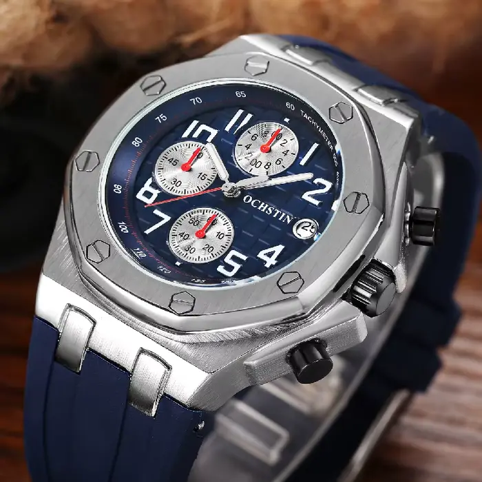 Montre chronographe OCHSTIN style sport de luxe avec lunette octogonale et bracelet en silicone pour hommes occasions spéciales