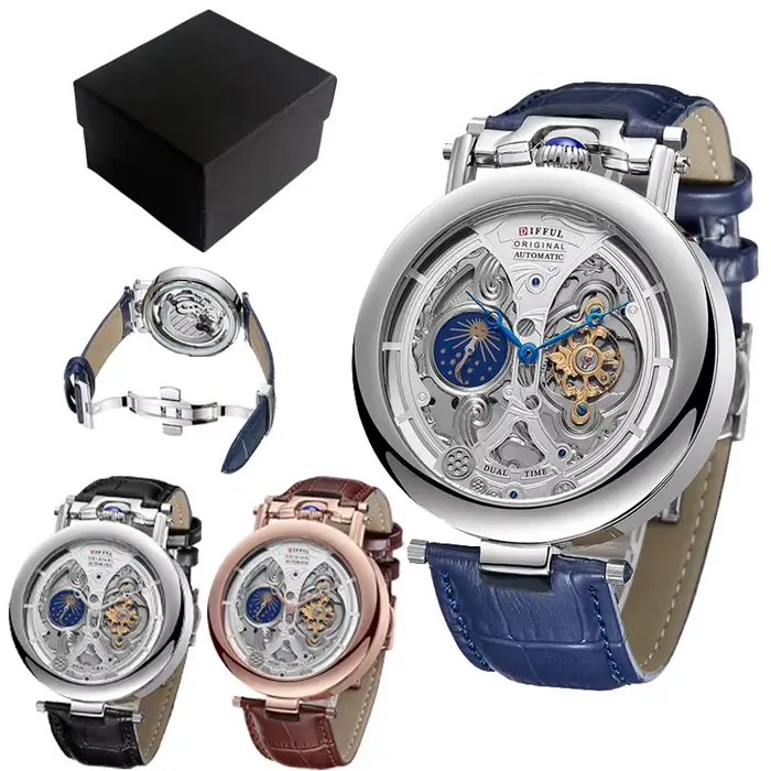 DIFFUL luxe grand cadran squelette Phases de lune Tourbillon creux mécanique hommes montre-bracelet avec bracelet en cuir