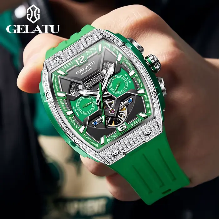 GELATU 6016 montre mécanique automatique haut de gamme plein diamant pour hommes multifonction bracelet en Silicone