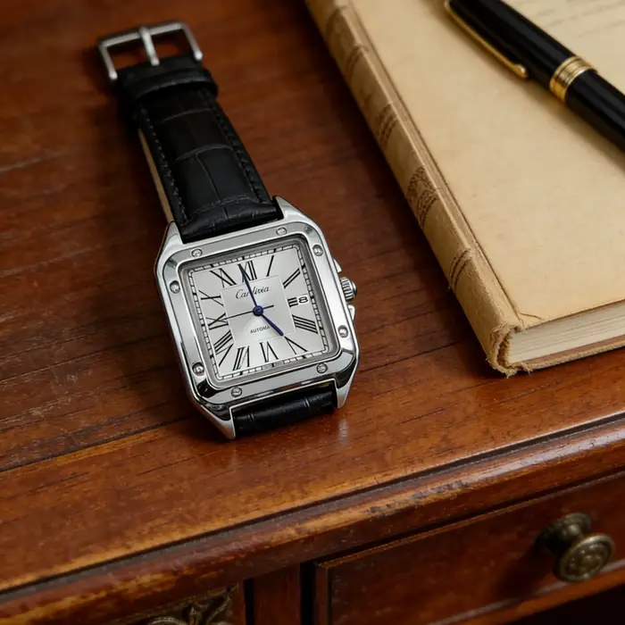 Montre BLUO en acier inoxydable avec chiffres romains carrés et bracelet en cuir pour homme occasions spéciales élégante et pratique