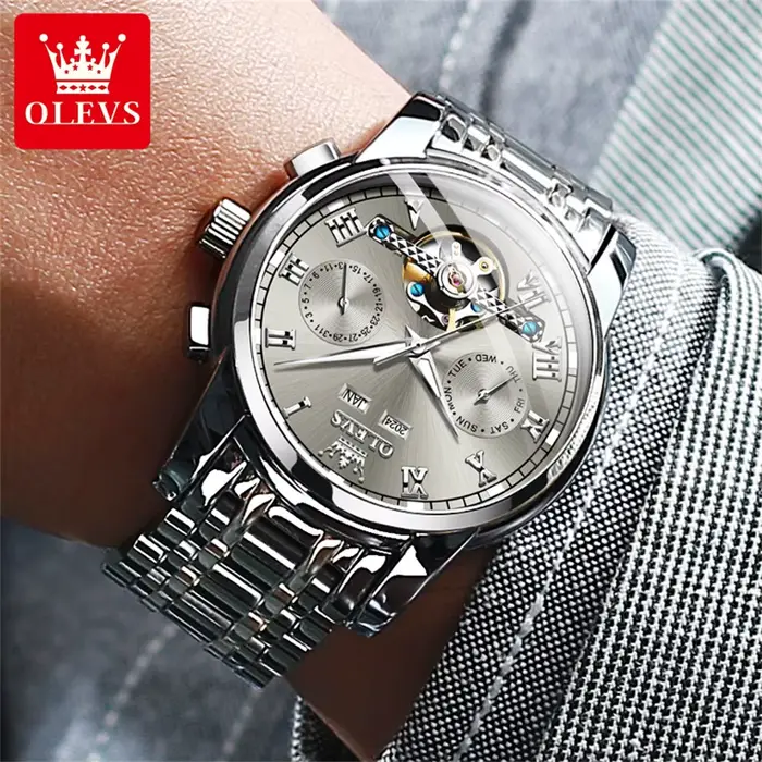 OLEVS 6607 montres entièrement automatiques en acier inoxydable squelette volant double calendrier haut de gamme marque montre-bracelet mécanique pour hommes