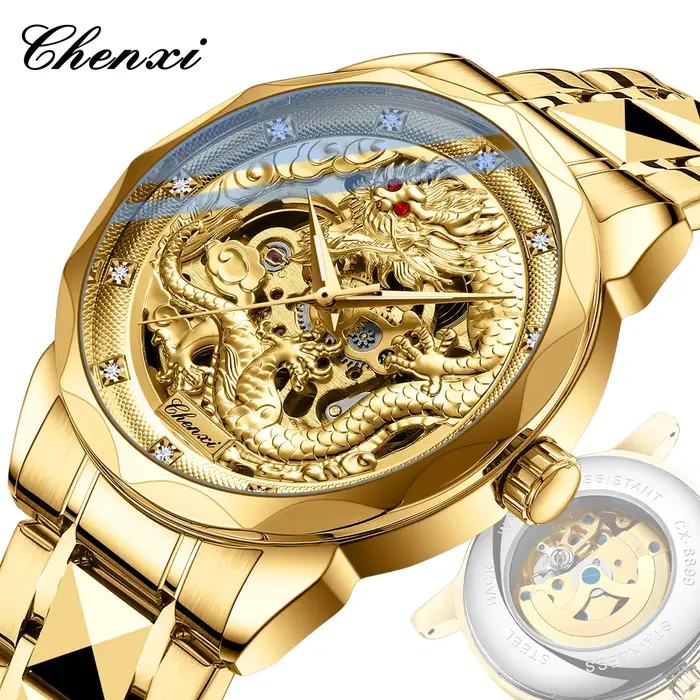 Montre automatique CHENXI 8899 avec motif dragon doré en relief 3D pour hommes, culture et art chinois, résistance à l'eau, mouvement automatique, acier inoxydable