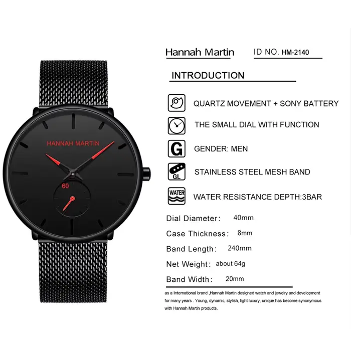 Hannah Martin montre pour hommes mode bleu noir chronométrage petit cadran Original mouvement à Quartz en acier
