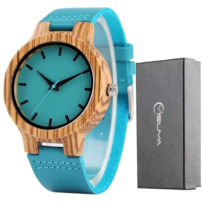 Montre en bambou et bois d'ébène pour hommes, montre à Quartz Chic, en cuir véritable, bleu Royal, n