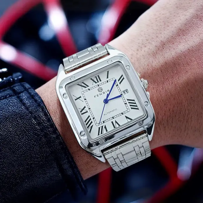 Montre carrée FENSIR avec calendrier complet et bracelet en acier inoxydable pour homme élégant et polyvalent occasions professionnelles et décontractées