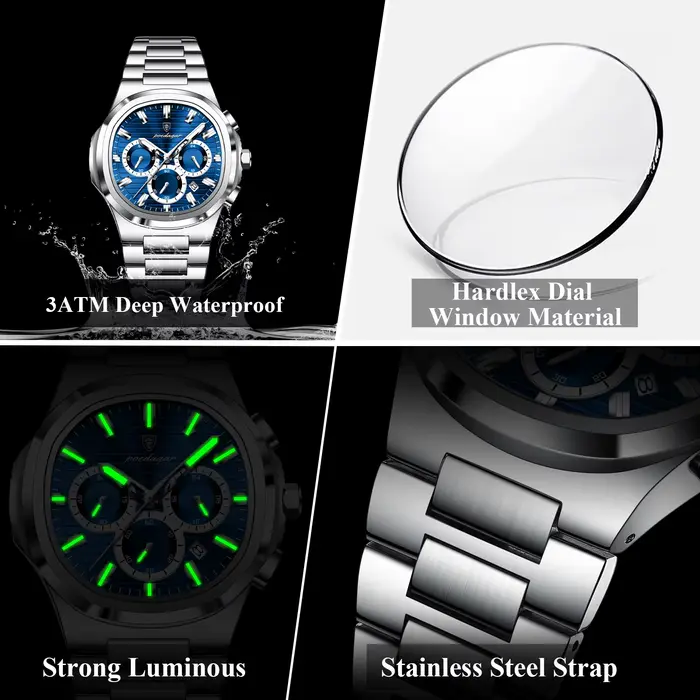 POEDAGAR homme d'affaires montre-bracelet Date chronographe étanche lumineux luxe hommes montre en acier inoxydable