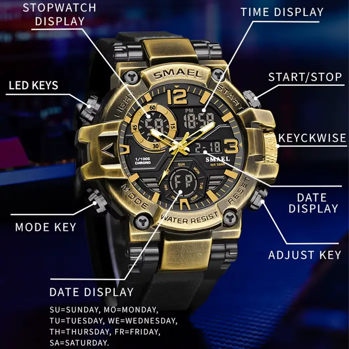 SMAEL nouvelle montre hommes mode Bronze boîtier en alliage de Zinc Double affichage montre-bracelet homme militaire