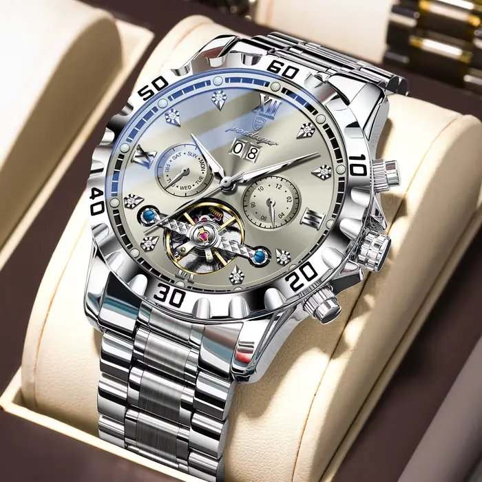 POEDAGAR haut de gamme hommes montre automatique Date semaine homme montre-bracelet creux Tourbillon