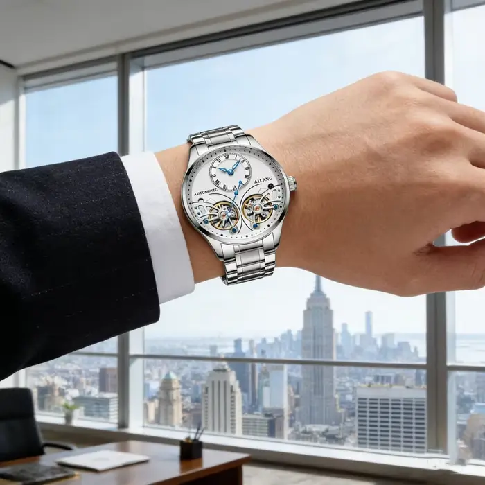 Nouvelle montre mécanique squelette automatique haut de gamme à double tourbillon en acier inoxydable résistante à l'eau pour homme, occassions spéciales et tous les jours