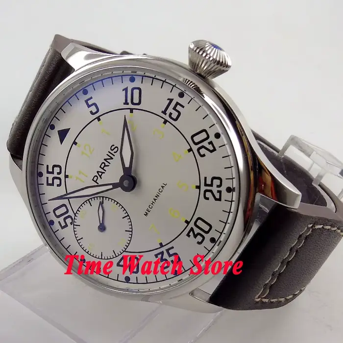 Parnis Pilot Aviator montre pour hommes classique asie 6497 mouvement à remontage manuel cadran noir blanc lumineux acier inoxydable 316L 44mm