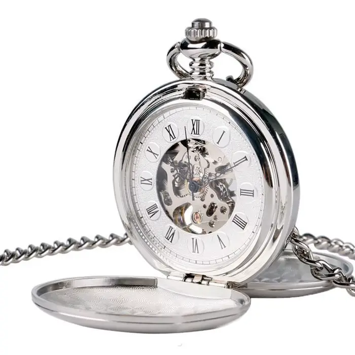 Montre de poche mécanique classique à double couvercle, boîtier lisse, cadran squelette, chiffres ro