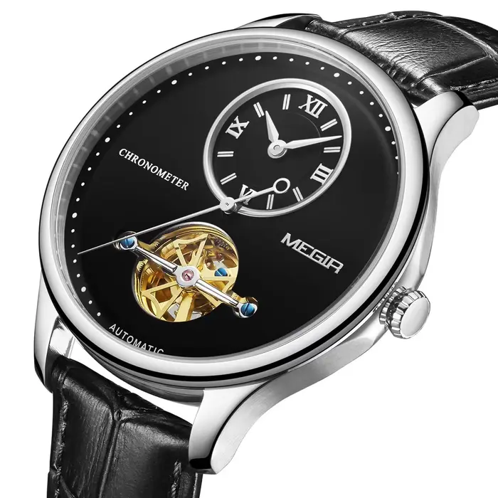 Montres mécaniques horloge multifonction Montre Homme cuir mouvement automatique 5 ATM étanche montre-bracelet creuse Megir 62070