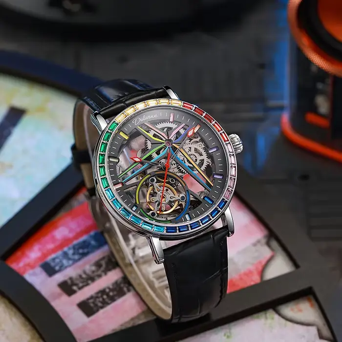 Montre Seton Tourbillon avec pierres précieuses colorées arc-en-ciel pour homme