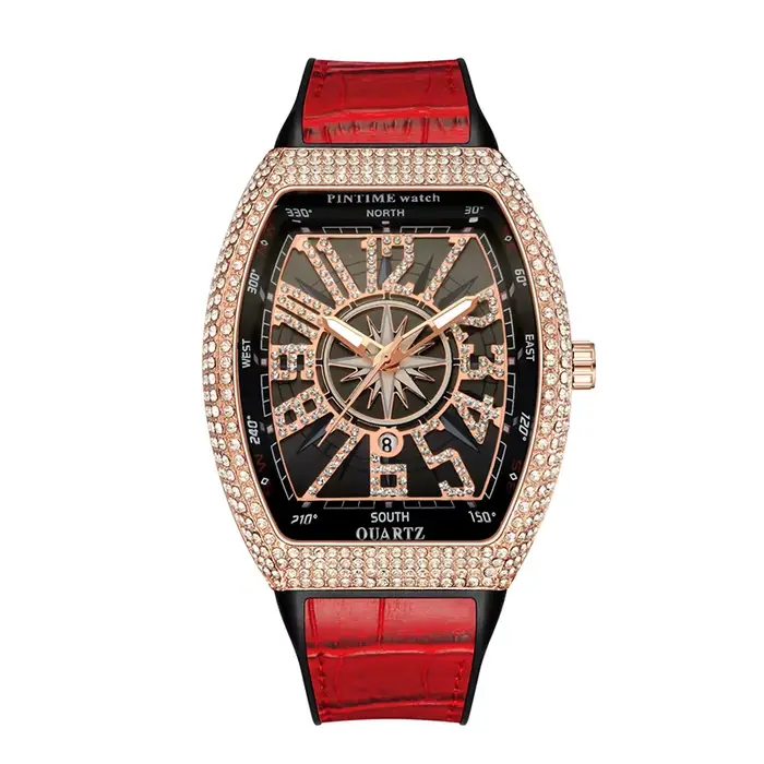 Montre de luxe pour homme, entièrement sertie de diamants, or rose, bracelet en cuir bleu, montre à 