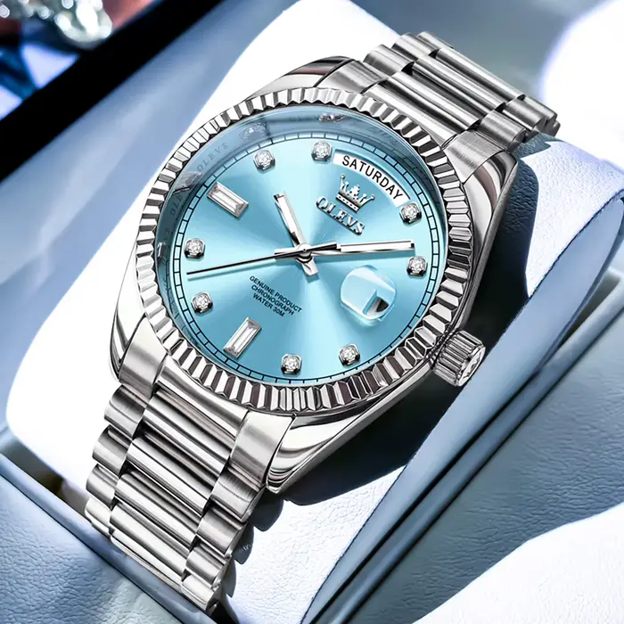 OLEVS bleu ciel hommes horloge automatique mécanique Date semaine luxe homme montre-bracelet étanche lumineux en acier