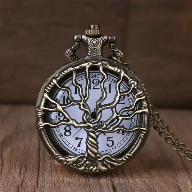 Montre de poche arbre de vie en Bronze pour hommes et femmes, Vintage, Quartz creux, pendentif, coll