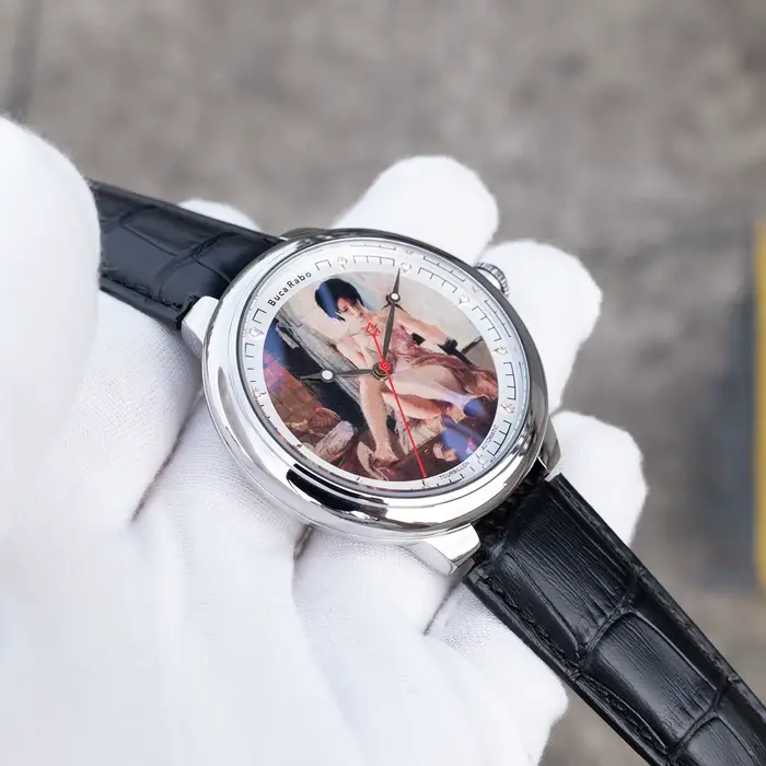 OBLVLO 45mm montre automatique pour hommes boîtier argenté bracelet en cuir noir montre mécanique classique avec motif de fille Sexy